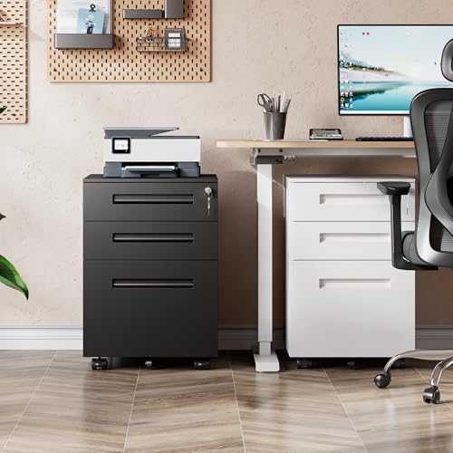 DEVAISE 3 Drawer Mobile File Cabinet, Fully Assembled Except Casters | Metal Filing Cabinet with Lock Under Desk for Home Office, Printer Stand fits A4/Letter/Legal Size, Black - color: Black, size: Thickened Steel 20" D x 15" W x 24" H