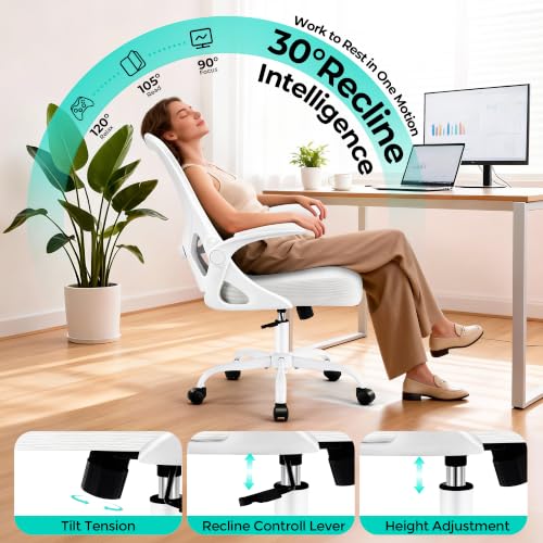 AreShark Office Chair - Ergonomic Breathable Mesh Desk Chair with Adjustable Lumbar Support and Flip-up Armrests - Executive High Back Rolling Swivel Comfortable Computer Gaming Chair for Home Office - color: White