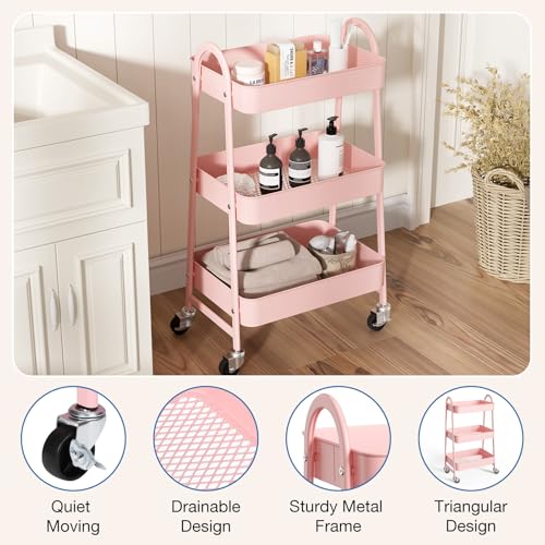 DUMOS 3 Tiers Rolling Cart, Utility Cart, Metal, Pink | Mobile Storage, Lockable Wheels, Utility Shelving Unit, Kitchen, Bathroom, Laundry, Narrow Places - color: 3 Tiers Pink