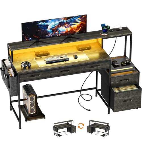 61 Inch 5 Drawers Grey Oak Reversible Gaming Desk | Built-In Charging Station, RGB LED Light, Monitor Stand, Storage Drawers & Reversible Printer Cabinet For Gaming & Office Use