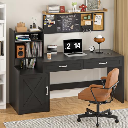 60" Computer Desk with Drawers & Bookshelves for Bedroom, Home Office - color: Black