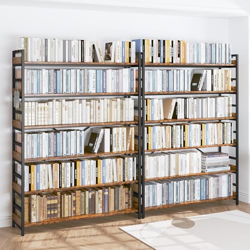 HCHQHS 6 Tier Bookshelf, Adjustable Industrial Bookcase, Vertical Tall Book Shelf, Wood and Black Metal Open Bookshelves for Home Office, Living Room, Bedroom - color: Rustic Brown, size: 6-Tier (47"W x 70"H)
