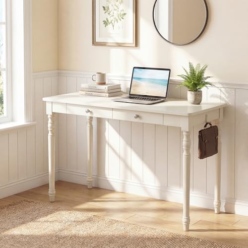 100% White Solid Wood Desk 47" Wooden Desk with 2 Drawers | Mid Century Modern Desk, Writing Desk Computer Table for Home, Office, Bedroom, Living Room - color: White, size: 47.2" x 21.7"