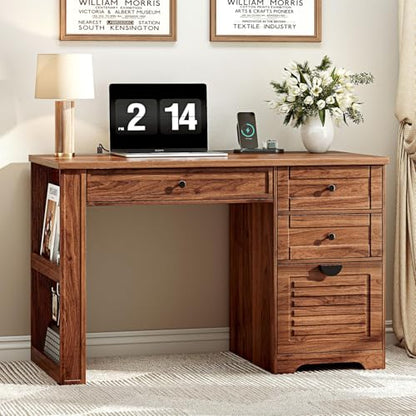 Ieejdn 47" Home Office Desks, Executive Desk, Farmhouse Computer Desk with Drawers and Charging Station, File Drawer, Storage Cabinet, Rustic Computer Writing Desk,Antique Brown - color: Brown, size: 47.24"
