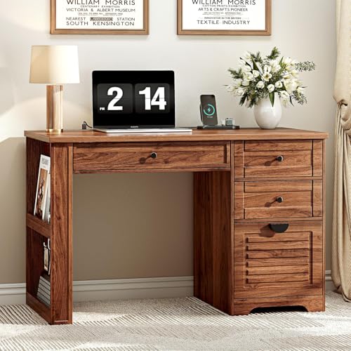 Ieejdn 47" Home Office Desks, Executive Desk, Farmhouse Computer Desk with Drawers and Charging Station, File Drawer, Storage Cabinet, Rustic Computer Writing Desk,Antique Brown - color: Brown, size: 47.24"