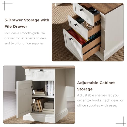 OKD 60" L Shaped Executive Desk, Farmhouse Desk with Drawers,Antique White - color: Antique White