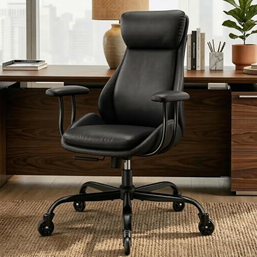 Leather Executive Office Chair, Computer Desk Chair, Black | Ergonomic, Rubber Wheels, Lumbar Support, 360° Swivel, High Back, Adjustable Height, for Modern Home Office - color: Jet Black