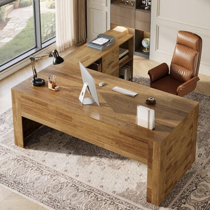 Tribesigns 63" Executive Desk with File Cabinet | L-Shaped Office Desk with Drawers and Storage Shelves, Business Combo Furniture, Computer Desk Set for Home Office, Brown