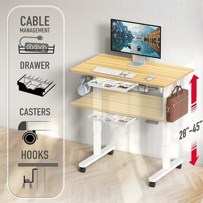 SHW Mobile Electric Height Adjustable Standing Desk w/Drawer, Walnut | 40" Wide Top | w/ Memory Presets and Cable Management | Drawer with adjustable compartments | Hanging Hooks - color: Oak