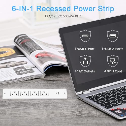 Recessed Power Strip Flush Mount Power Adapter Charging Station with USB Plug Multiple Surge Protector Hidden Outlet Extender with Extension Cord for Home Office Desk Furniture Nightstand Bed (White)