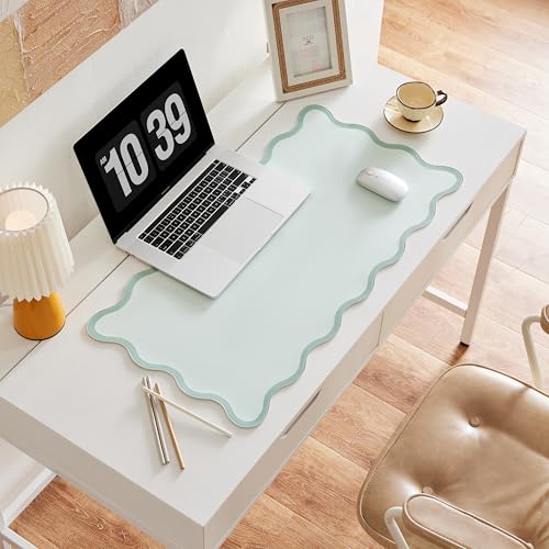 Scalloped Desk Mat, 31.5" x 15.7", PU Leather, Waterproof Anti-Slip, Cute Aesthetic Desk Pad for Office/Home/Game/Vanity (Sage, 31.5" x 15.7") - color: Sage