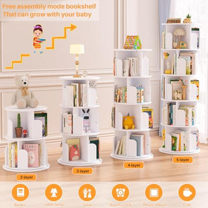 Aheaplus 5 Tier Wood Rotating Bookshelf, 360° Spinning Book Shelf Tower - color: White, size: 5-Tier