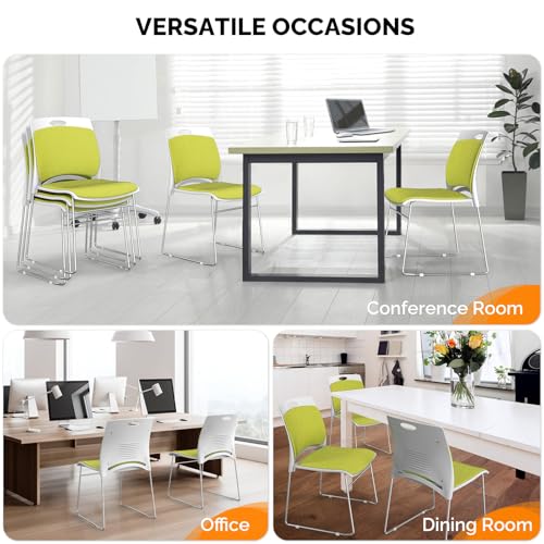 VINGLI Stackable Plastic Mesh Padded Chairs for Office Set of 20, Green | Stacking Chairs with Metal Sled Base, Ergonomic Plastic Pad Seat & Back, Waiting Banquet Guest Break Room, Easy to install - color: Green, size: 20 Pack
