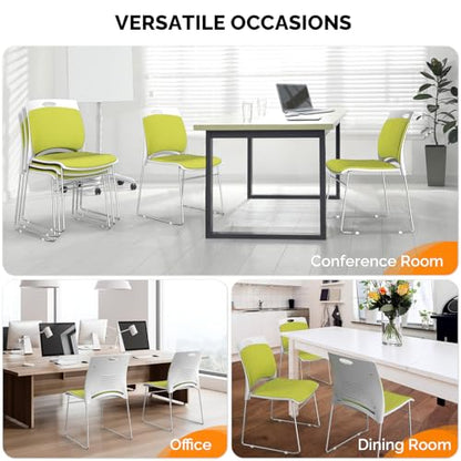 VINGLI Stackable Plastic Mesh Padded Chairs for Office Set of 8, Green | Stacking Chairs with Metal Sled Base, Ergonomic Plastic Pad Seat & Back, Waiting Banquet Guest Break Room, Easy to install - color: Green, size: 8 Pack