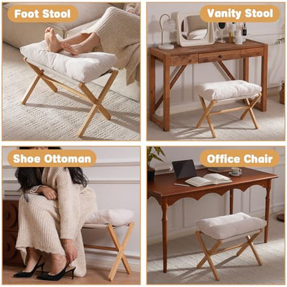 Baveke Ottoman Foot Rest- Bamboo Foldable Stool, Foot Stools Small Ottman with Upholstered & X Legs, Folding Stool for Makeup, Bedroom and Living Room (Large Beige) - color: Large Beige, size: 21.3"D x 13.4"W x 18.5"H