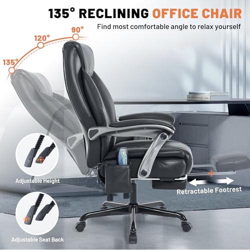 Reclining Office Chair with Massage, Ergonomic Executive Desk Chair | PU Leather Computer Chair with Heat & Footrest, 6-Point Vibrations, Padded Seat for Comfort & Stress Relief & Relaxation