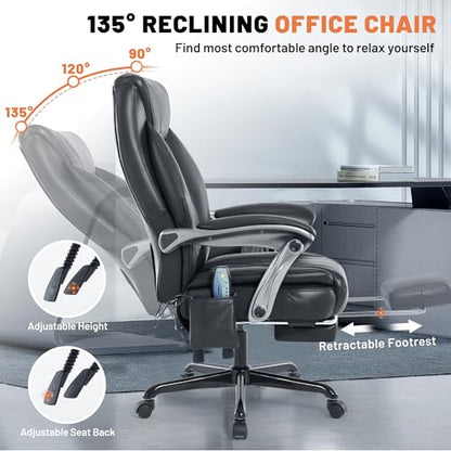 Reclining Office Chair with Massage, Ergonomic Executive Desk Chair | PU Leather Computer Chair with Heat & Footrest, 6-Point Vibrations, Padded Seat for Comfort & Stress Relief & Relaxation
