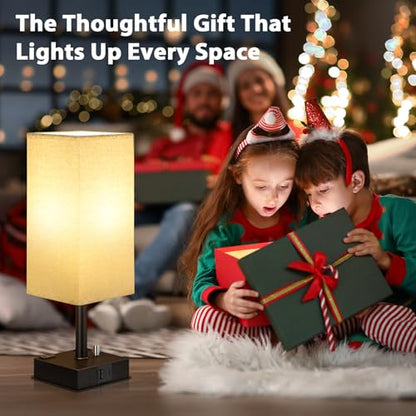 Bedside Table Lamps Set of 2 for Bedroom - Dimmable, USB C+A, 2 AC Outlets | Stepless Dimmable by Rotary Knob, 3000K LED Bulbs Included, Square Beige Linen Shade, Nightstand Lamp for Living Room, Desk - color: Beige
