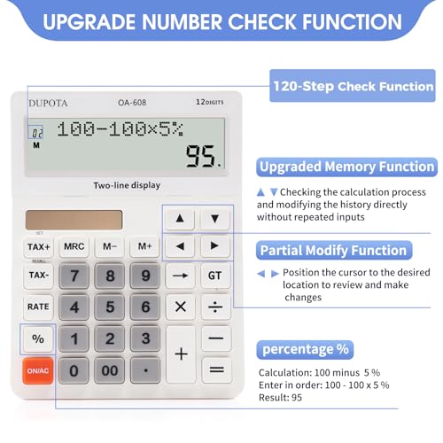 Desktop Calculator Large Display Big Buttons with 12 Digits 2-line | Solar Power and Battery, Accounting Calculator with Tax and Check Function for Office, Home and Business (OA-608) - size: OA-608