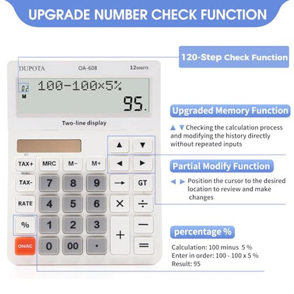 Desktop Calculator Large Display Big Buttons with 12 Digits 2-line | Solar Power and Battery, Accounting Calculator with Tax and Check Function for Office, Home and Business (OA-608) - size: OA-608