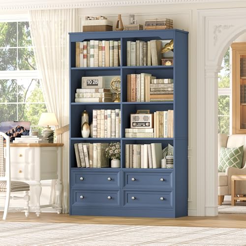 71" Tall Bookshelf with 4 Drawers Large Bookshelf Office Bookcase | 6-Tier Double Wide Bookshelves and Bookcases with Storage, Tall Bookshelf Standing Book Cabinet for Home Office, Blue - color: Blue