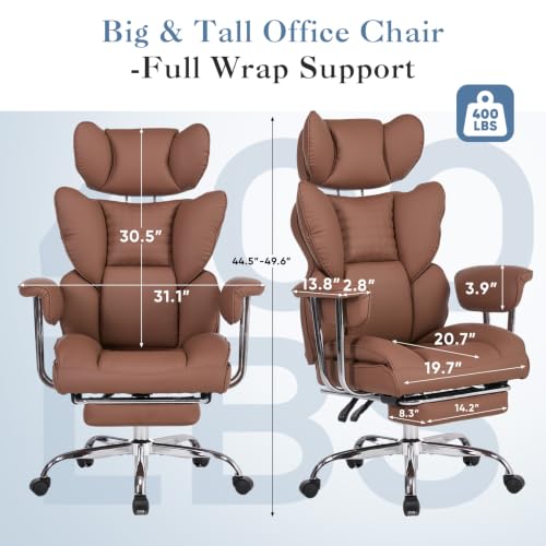 DUMOS Big and Tall Home Office Desk Chair, Executive Chair with Footrest - color: Brown, size: Fix Armrest