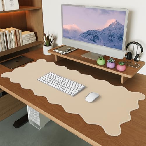 iCasso Leather Mouse Pad,Extra Large Desk Pad,Back to School Cute Scalloped Computer Mat for Desktop,Non-Slip Nail Mats with Stitched Edges,Waterproof PU Desk Protector Pad for Office Home Dorm - color: Beige