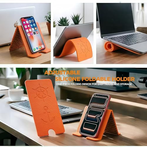 Flexible Silicone Aluminum Phone Holder Tablet Stand with Charging Port Design, Foldable Airplane Laptop/Phone Stand for Home Office Travel (Black+Orange) - color: Black+Orange