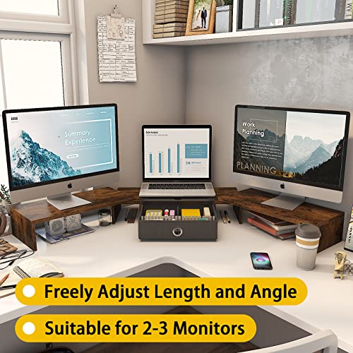 WESTREE Triple Dual Monitor Stand Riser with Drawer,Extra Large Adjustable for 2~3 Monitors,Solt for Phone & Tablet, Desktop Organizer Stand for Computer,Laptop,Printer,TV - size: Large-brown