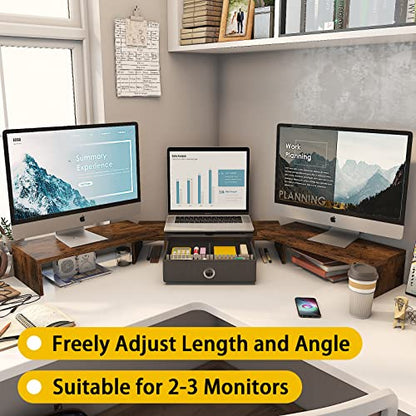WESTREE Triple Dual Monitor Stand Riser with Drawer,Extra Large Adjustable for 2~3 Monitors,Solt for Phone & Tablet, Desktop Organizer Stand for Computer,Laptop,Printer,TV - size: Large-brown