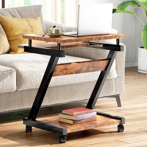 sogesfurniture Small Mobile Computer Desk with Keyboard Tray | Z-Shaped Compact Study Table, Rolling Workstation for Home and Office with Printer Shelf, Keyboard Drawers, Rustic Brown - color: Rustic Brown