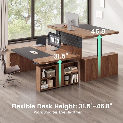 SEDETA 63" Executive Standing Desk with Storage, Executive Height Adjustable Desk with Power Outlets, Large Computer Office Desk with Privacy Panel for Home Office, Warm Golden Brown - color: Warm Golden Brown