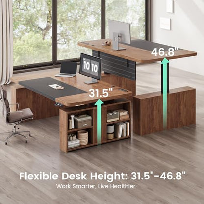SEDETA 63" Executive Standing Desk with Storage, Executive Height Adjustable Desk with Power Outlets, Large Computer Office Desk with Privacy Panel for Home Office, Warm Golden Brown - color: Warm Golden Brown
