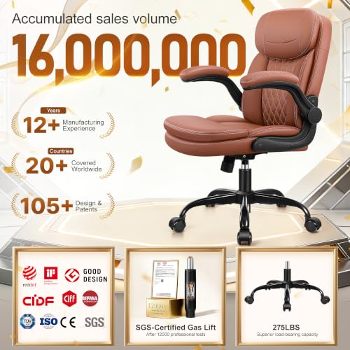 HeroSet Leather Office Chair with Upgraded Double-Layer Seat Cushion and Neckrest for Short People, Brown - color: Brown