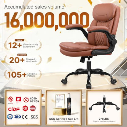 HeroSet Leather Office Chair with Upgraded Double-Layer Seat Cushion and Neckrest for Short People, Brown - color: Brown