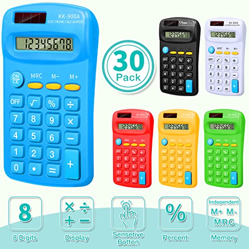 Flutesan 30 Pack Pocket Calculator,Green, White, Red, Yellow, Blue, Black - color: Green, White, Red, Yellow, Blue, Black