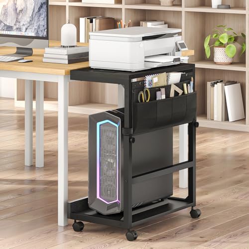 HOOBRO Computer Tower Stand with Charge Station and USB Port, 2-Tier PC CPU Holder Cart for Floor Carpet with Wheels, Adjustable Height, Rolling PC Printer Desktop Under Desk for Home Office,Black BB72UCJ01