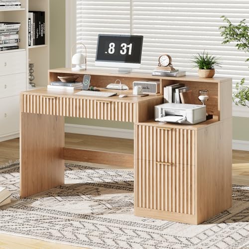 Vabches Fluted Computer Desk with Drawers, Home Office Desk with Power Outlets, Printer Stand and Storage Cabinet, Study Writing Desks with Long Monitor Stand, Oak - color: Oak