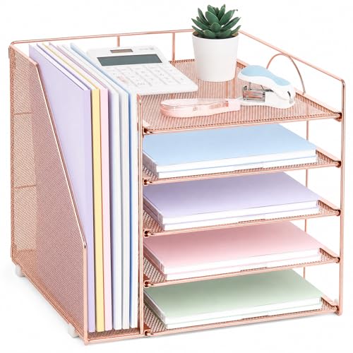 LEKETREE Desk Organizers and Accessories, 5-Tier Paper Letter Tray Organizer with File Holder, Desktop Organizer for Office Supplies (Rose Gold) - color: Rose Gold, size: 12" x 12" x 12"