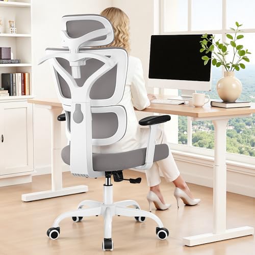 Ergonomic Office Chair High Back Desk Chair with Lumbar Support, Breathable Mesh Computer Chair with Adjustable Armrests Height, Reclining Swivel Big and Tall Gaming Chair for Home Office(Gray) - color: Grey