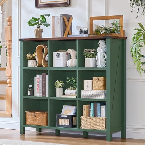 Joaxswe 9 Cube Storage Organizer, Farmhouse 47 Inch Wide Vintage Green Bookshelf, Wooden 3 Tier Display Large Open Book Shelf, Rustic Bookcase for Home Office, Cubby Storage Cabinet for Living Room - color: Green, size: 9 Cube (13.6 "D x 47.24 "W x 42.2"H