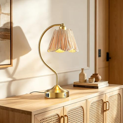Boho Rattan Touch Small Table Lamps USB C+A Ports | Retro Rattan Shade, 3-Way Dimmable Farmhouse Lamp for Bedroom Living Room Entryway Office, LED Bulbs Included - color: Brass-Single