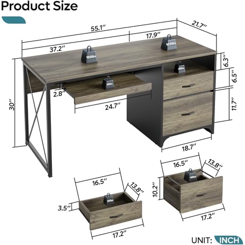 Bestier Office Desk with Drawers, 55 inch Industrial Computer Desk with Storage, Wood Teacher Desk with Keyboard Tray & File Drawer for Home Office, Dark Gray Oak - color: Dark Gray Oak