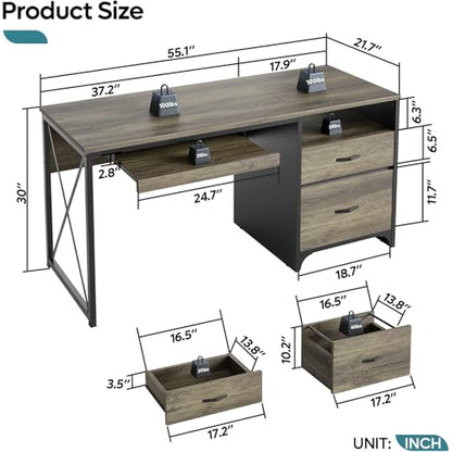 Bestier Office Desk with Drawers, 55 inch Industrial Computer Desk with Storage, Wood Teacher Desk with Keyboard Tray & File Drawer for Home Office, Dark Gray Oak - color: Dark Gray Oak
