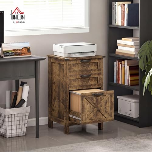 HOMCOM 3 Drawer File Cabinet Printer Stand Silent Slides Rustic Brown | Vertical Filing Cabinet for Hanging A4/Letter Size, Rustic Farmhouse Printer Stand with Storage, Home Office - color: Rustic Brown