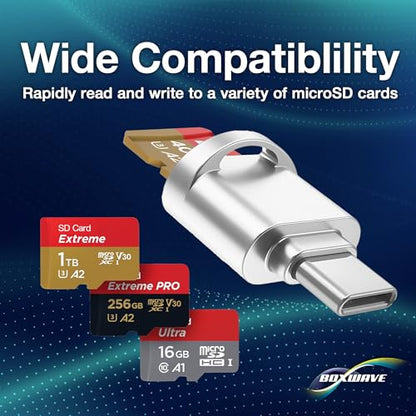 BoxWave Adapter Compatible with Logitech Spotlight Presentation Remote - Micro SD Card miniReader, USB Type-C OTG Reader USB3.0 Adapter Keychain - Metallic Silver