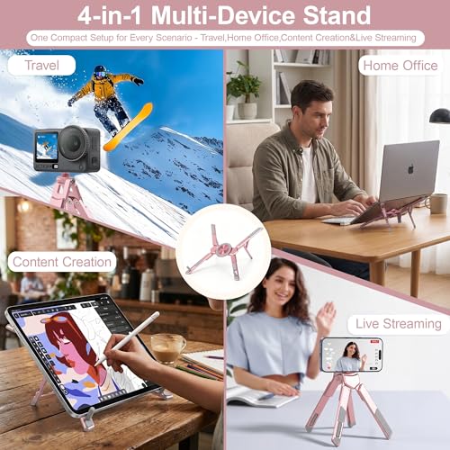 4-in-1 Portable Laptop Stand with Magnetic Phone Holder & Camera Tripod, Adjustable Aluminum Stand for Laptop, Tablet & iPhone, Foldable Ergonomic Setup for Home Office & Content Creation (Rose Gold) - color: Rose Gold
