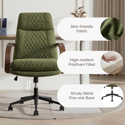 KISLOT Home Office Desk Chair, Ergonomic Office Chair with Lumbar Support, Adjustable Swivel Computer Chair with Wheels, Fabric Executive Task Chair with Wood Arms, Set of 2, Moss Green - color: Moss Green Fabric, size: Set of 2