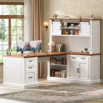 SEDETA 67" Farmhouse Executive L Shaped Desk with Hutch & Storage - color: White+brown, size: 67" L Shaped Desk with Hutch