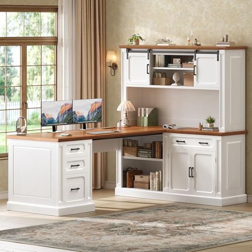 SEDETA 67" Farmhouse Executive L Shaped Desk with Hutch & Storage - color: White+brown, size: 67" L Shaped Desk with Hutch